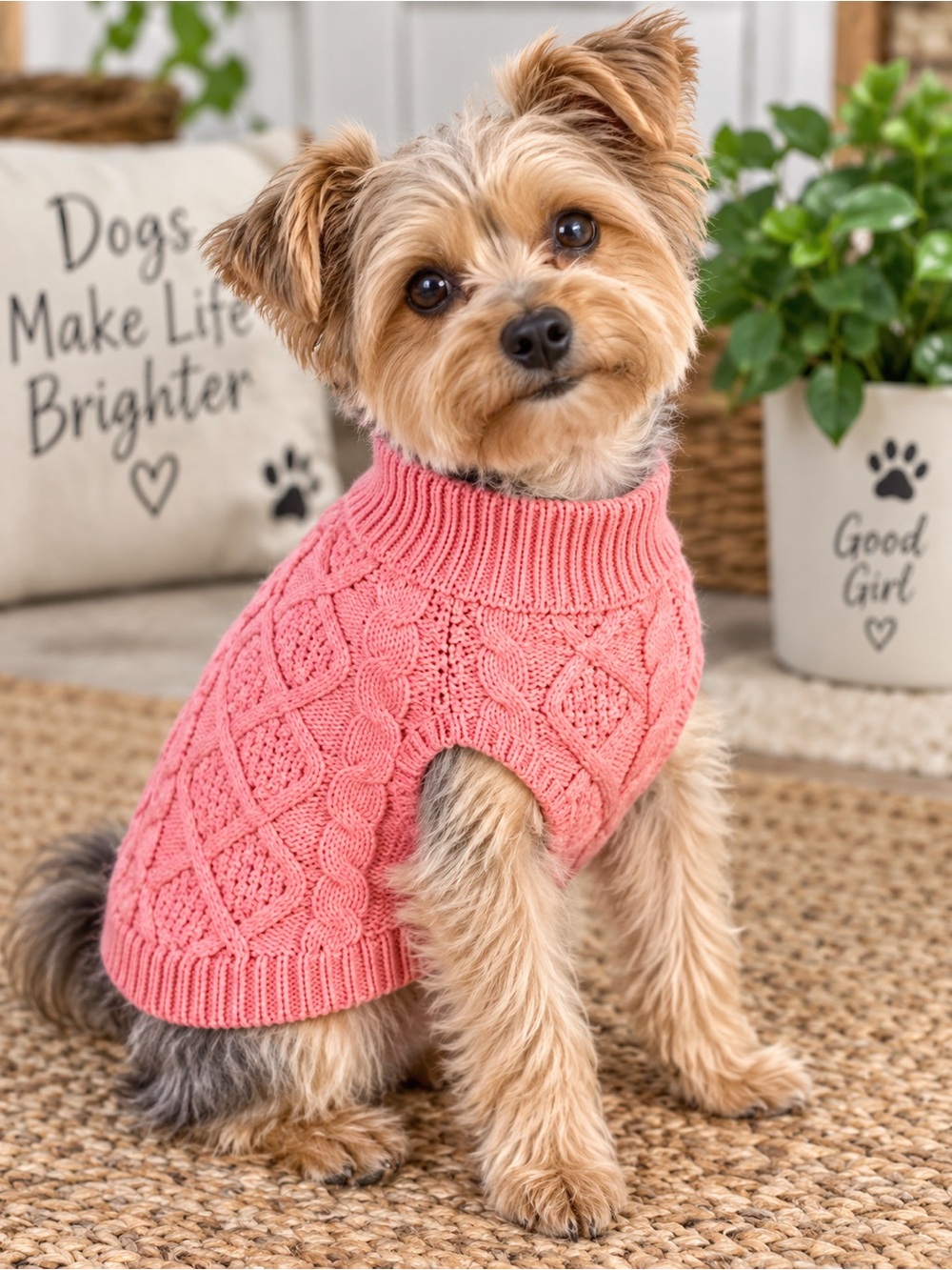 Pink Cable Knit Turtleneck Dog Sweater Cozy Pet Sweater